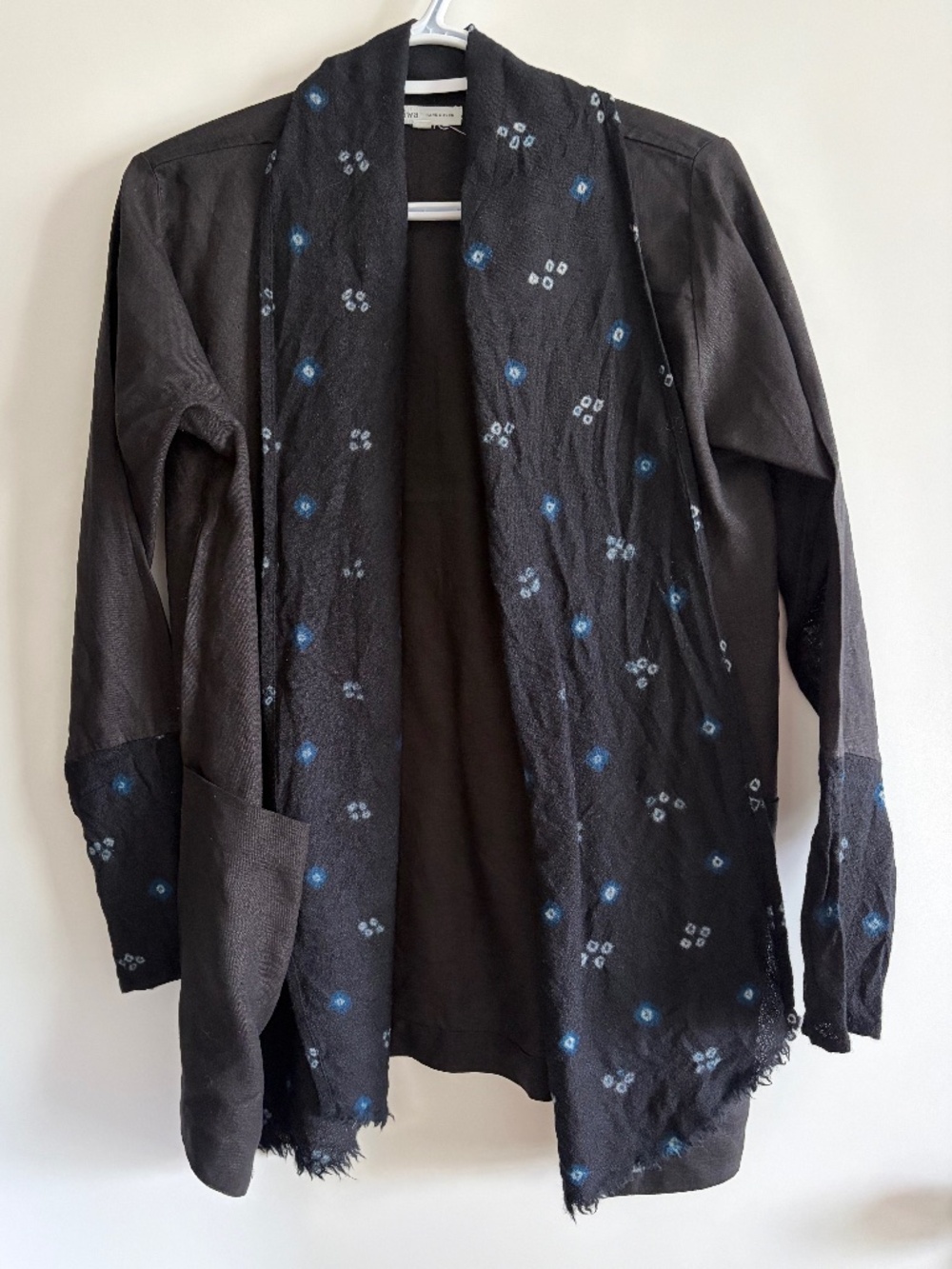 EUC Maiwa Open-Front Wrap Jacket Cardigan in Black & Indigo Pattern Size Small
